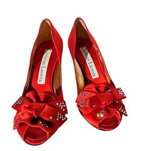 Christian Lacroix High Heel Peep-Toe Shoes with Bow and Rhinestones